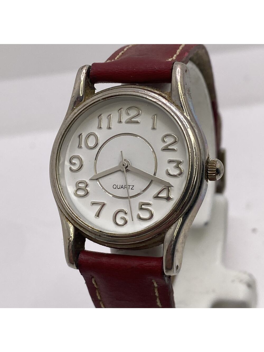 Womens Vintage Red Leather Watch Worn Band New Battery